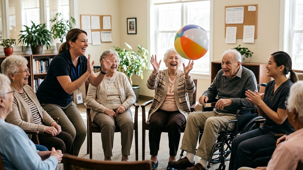 Activity director leading a laughing group of older residents in a seated beach ball game, with a resident in a wheelchair and a staff assistant helping