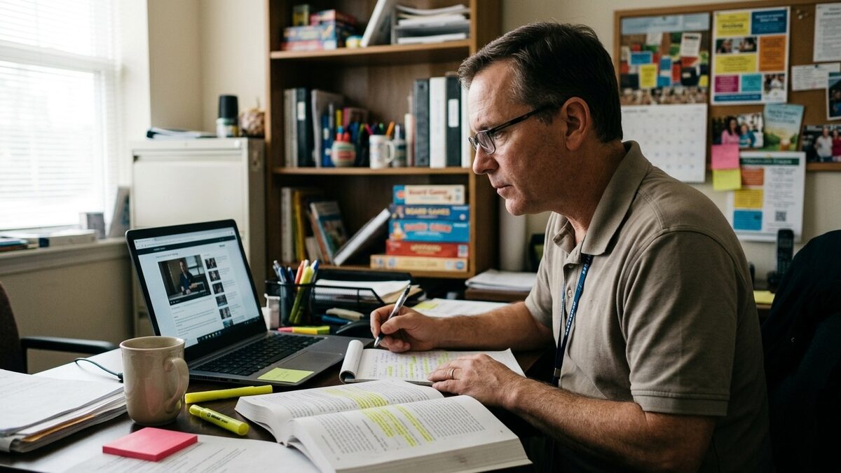 Activity professional studying at a desk with a laptop showing an online course and a highlighted textbook in a senior living office