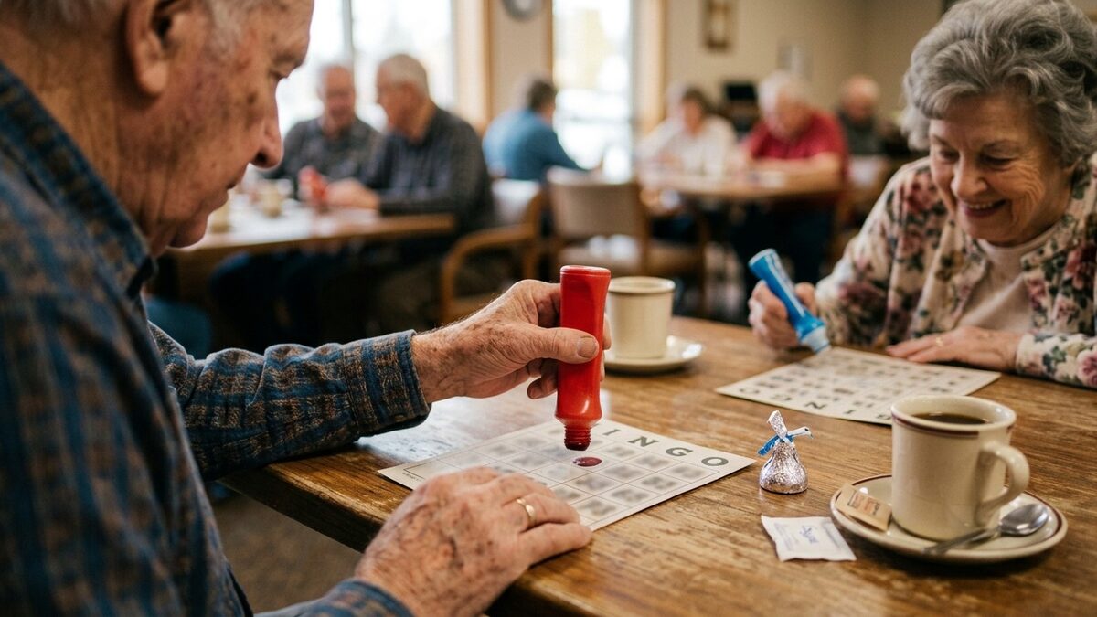 Senior man marking a paper bingo card with a red dauber beside a small wrapped candy prize and a cup of coffee