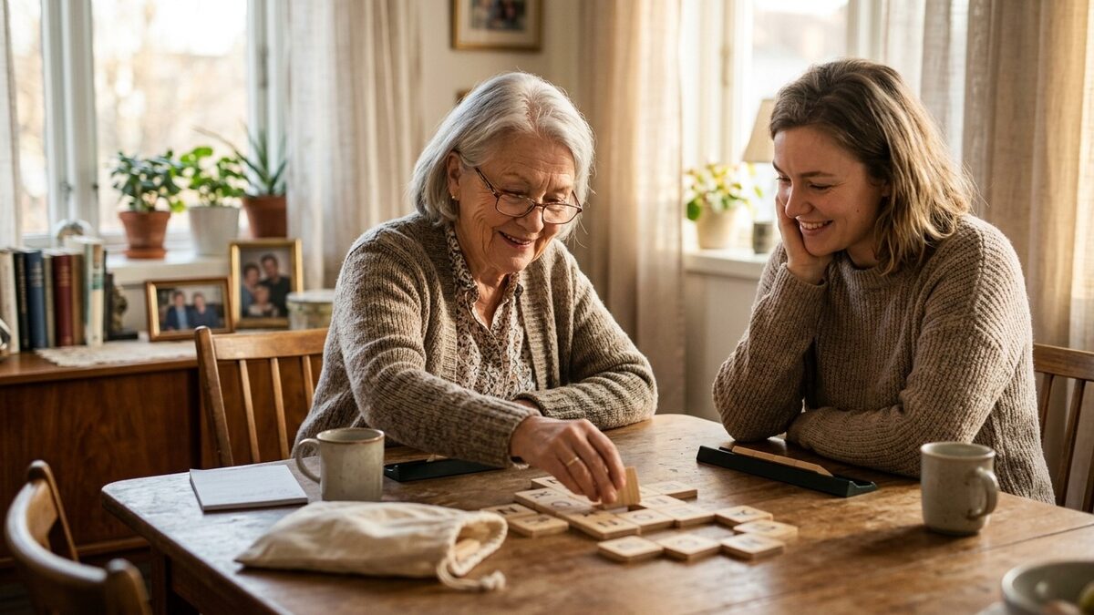 Older woman placing a wooden letter tile in a word game while her adult granddaughter smiles across the table in a sunny senior living apartment