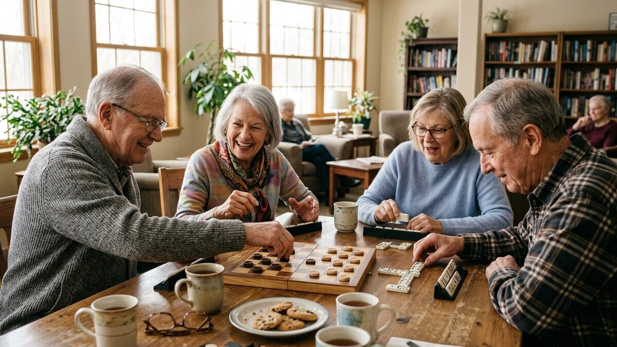 Four older adults laughing over a wooden checkers board and a game of dominoes at a table in a bright senior living lounge, with tea and cookies