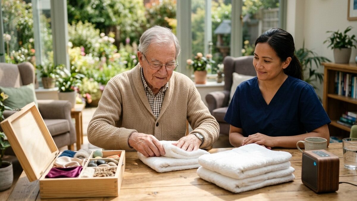 Older man folding warm towels at a table beside a sensory box of fabrics and smooth stones, with a caregiver sitting calmly next to him
