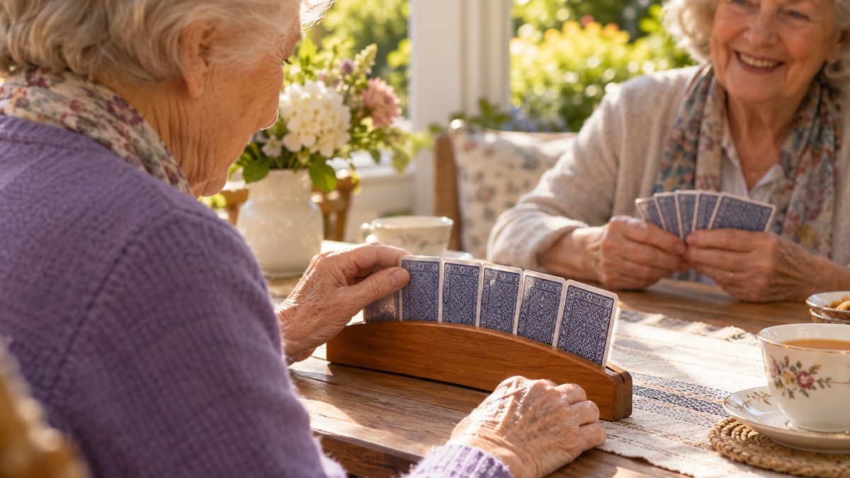 Older woman using a wooden card holder to keep her playing cards upright while a friend smiles across a sunny table