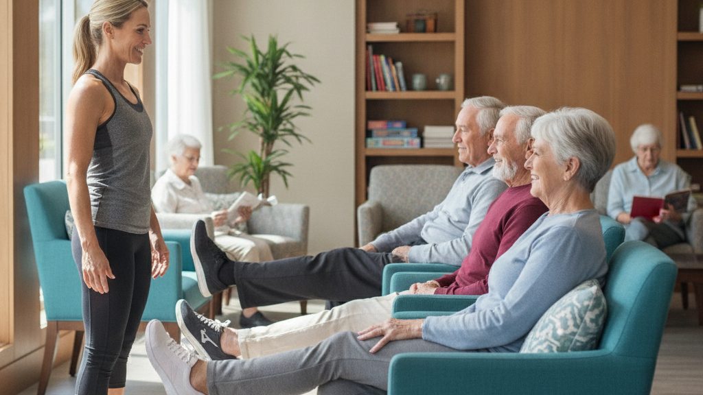 Instructor leading seniors through seated leg extension exercises in a bright community room