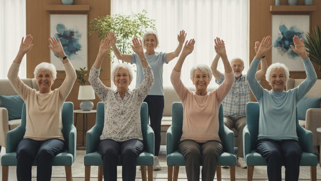 Group of seniors doing seated arm-raise exercises on sturdy chairs in a senior living fitness class