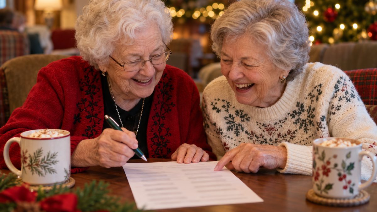 Two older women laughing as they fill in a printed Christmas trivia sheet together beside mugs of cocoa, pine and a red ribbon