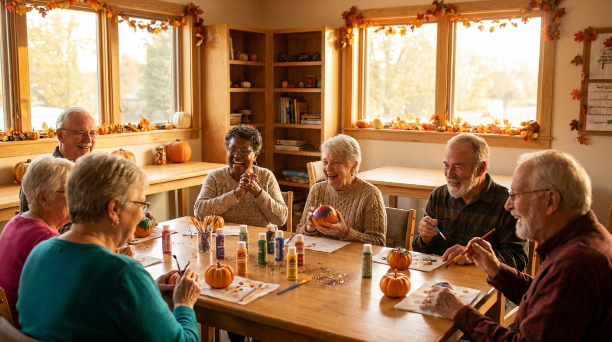 Group of seniors painting and decorating small pumpkins together at a table during a fall activity