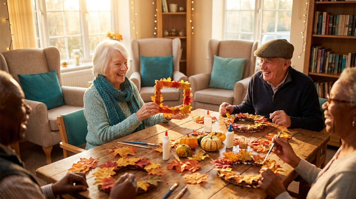 Smiling seniors doing an autumn craft with colorful fall leaves and small pumpkins on a table in a warm activity room