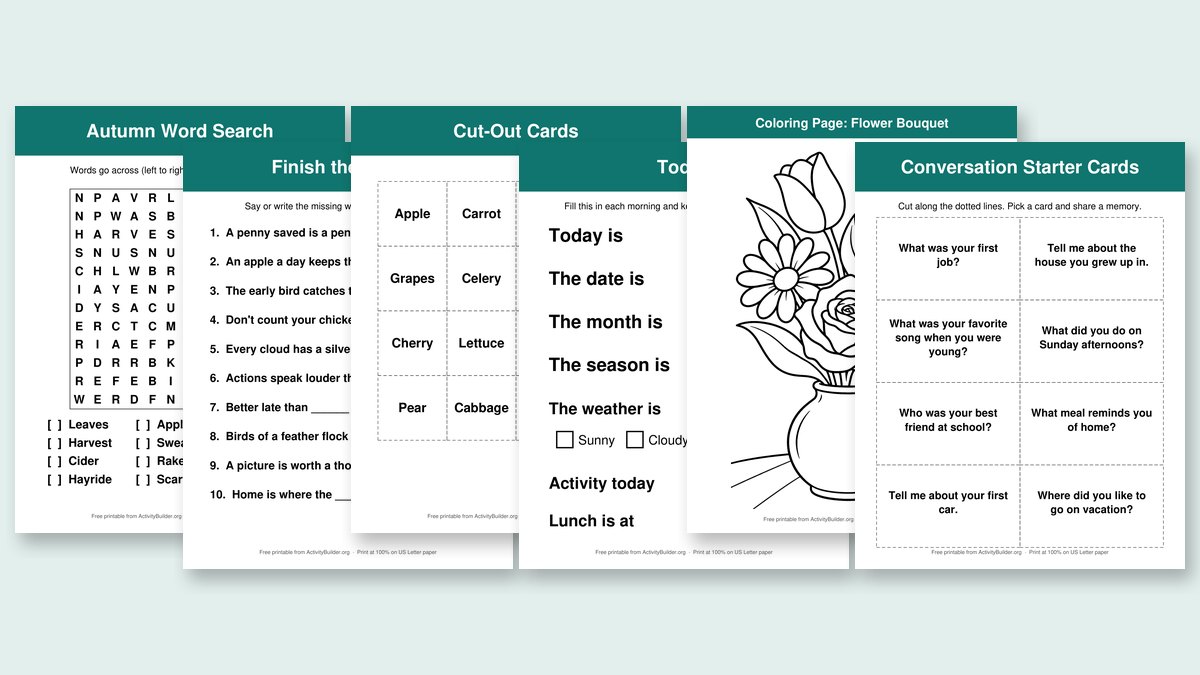 Preview of six of the free large-print printables, including the autumn word search, Finish the Phrase, the fruit or vegetable sorting cards and the daily orientation board