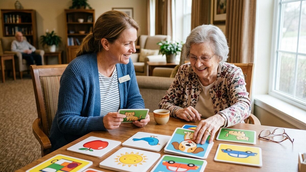 Smiling activity aide playing a large picture-card matching game with an older woman in a bright memory care lounge
