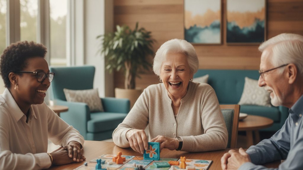 A group of smiling seniors playing a board game together around a table in a bright activity room