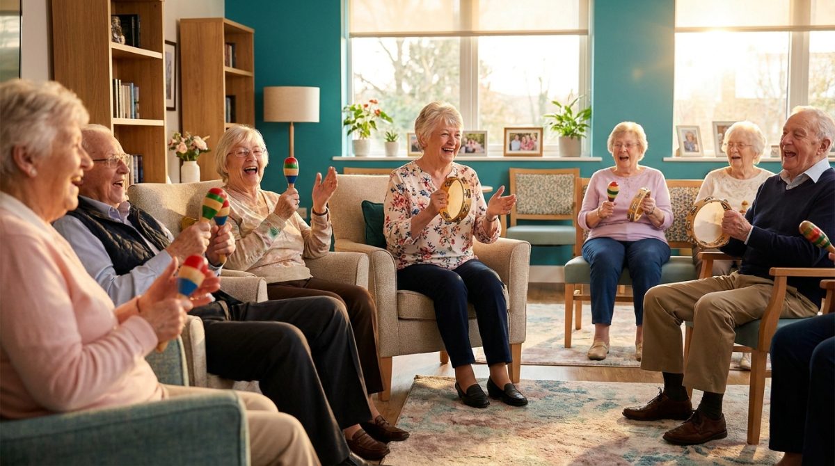 Seniors singing along and playing hand percussion instruments together in a group music activity