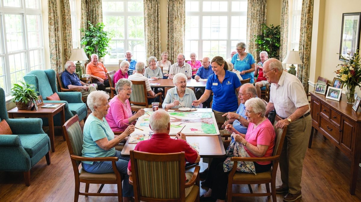 A large group of happy seniors and an activity director enjoying a group activity together in a bright community room