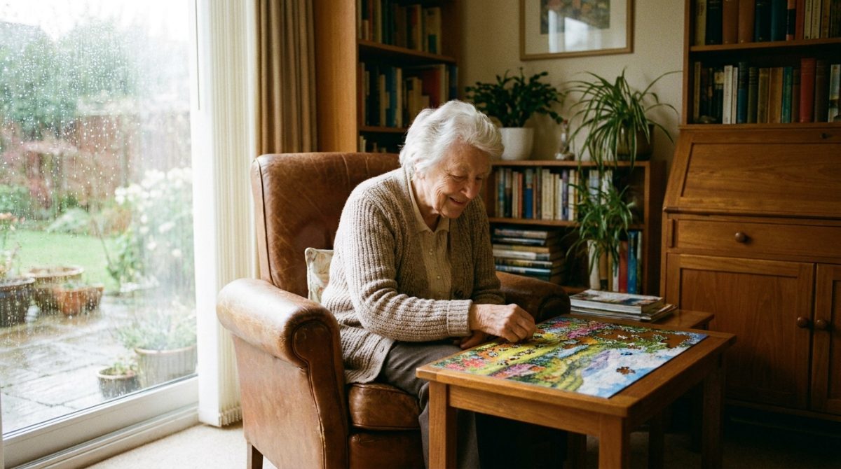 Senior sitting comfortably by a window working on a jigsaw puzzle indoors on a rainy day