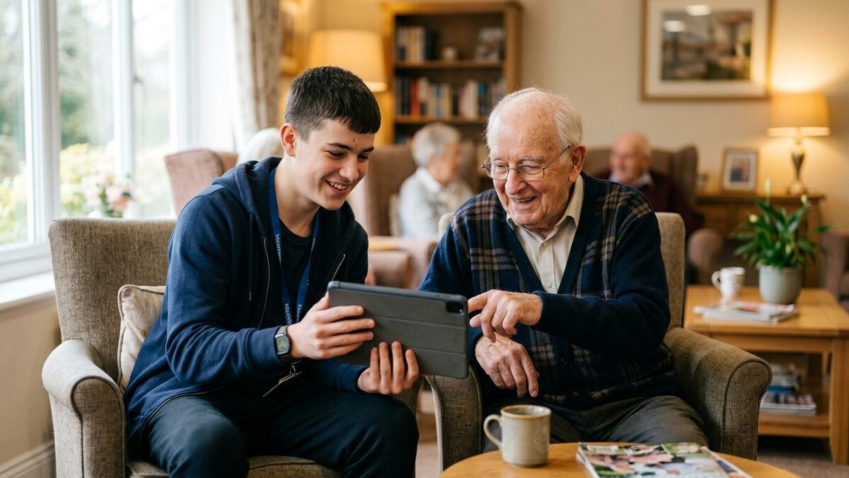 Teenage volunteer showing an older man something on a tablet in a cozy assisted living lounge, both smiling