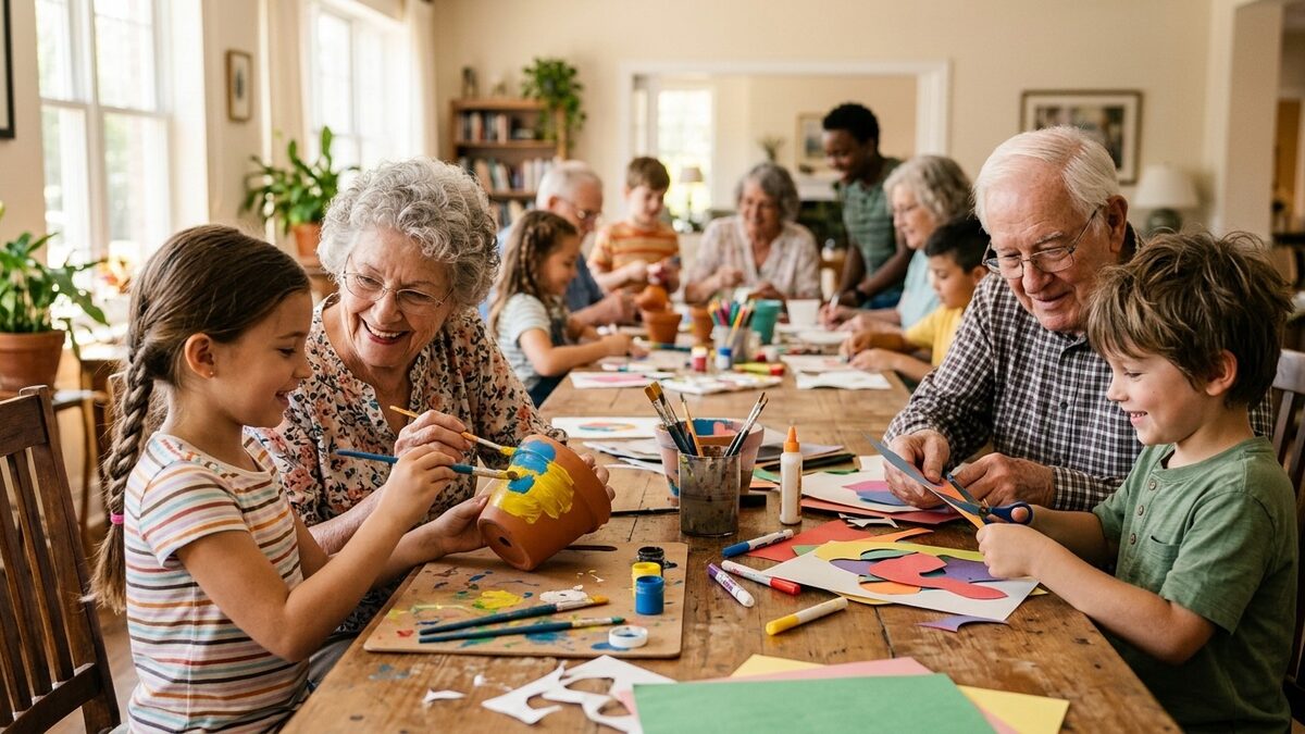 Children and senior residents painting flower pots and making paper crafts together at a long table in a senior living community