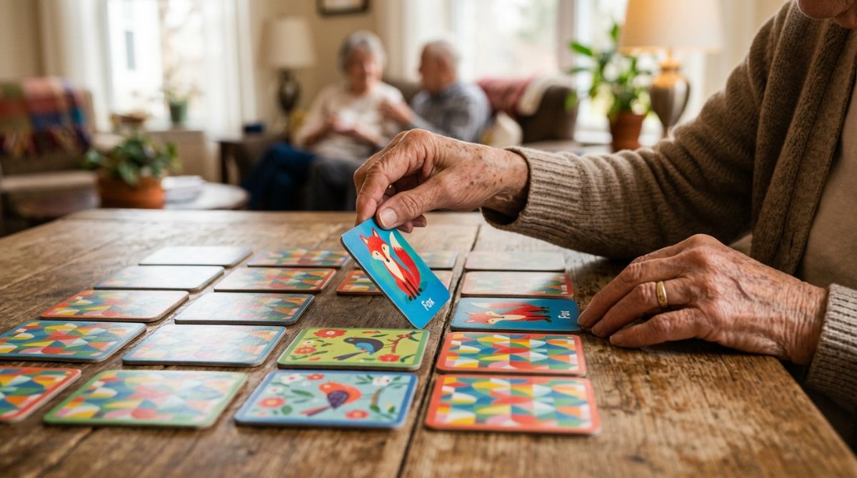 Close-up of senior hands flipping oversized memory matching cards on a wooden table