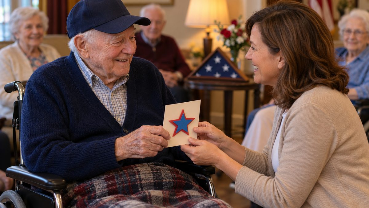 Older veteran in a wheelchair smiling as a woman hands him a handmade thank-you card during a Veterans Day gathering at a senior living community