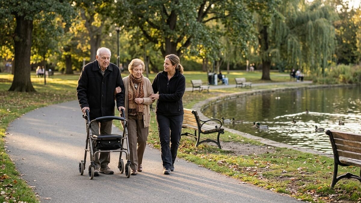 Two older adults walking arm in arm with a caregiver on a paved park path beside a pond, one using a rollator walker, in late afternoon light
