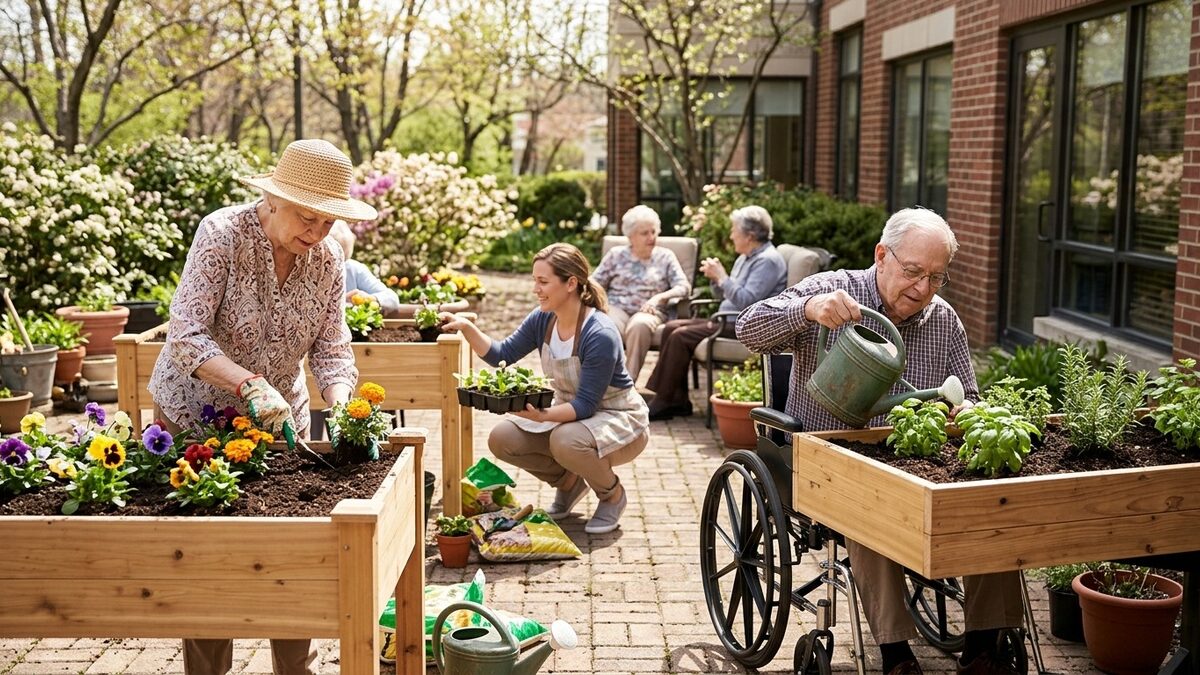 Senior living residents gardening at raised beds on a sunny patio, a woman in a sun hat planting flowers and a man in a wheelchair watering herbs while a staff member helps
