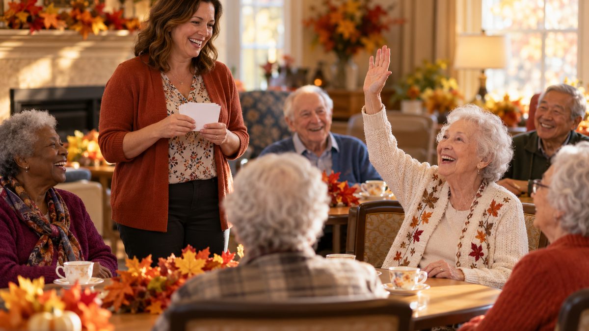 Activity director holding question cards while older adults laugh and one woman raises her hand during a Thanksgiving trivia game in an autumn-decorated activity room