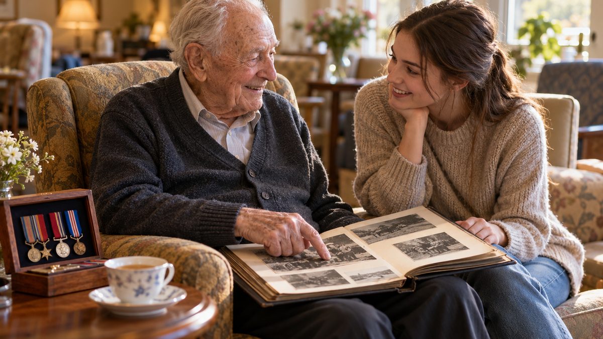 Older veteran smiling as he points to photos in an old photo album while a young woman volunteer listens beside him, with a box of medals on the side table