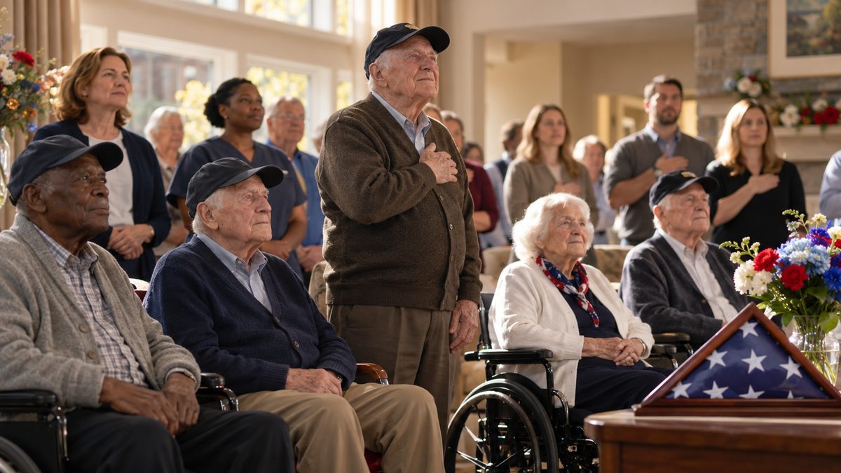 Older veterans in caps seated in the front row of a Veterans Day ceremony at a senior living community, one standing with his hand over his heart beside a folded flag display
