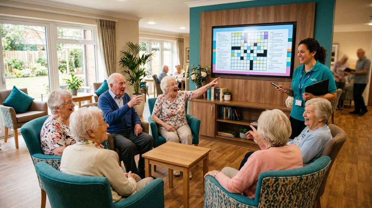 Group of seniors solving a crossword puzzle displayed on a large TV screen in a community room